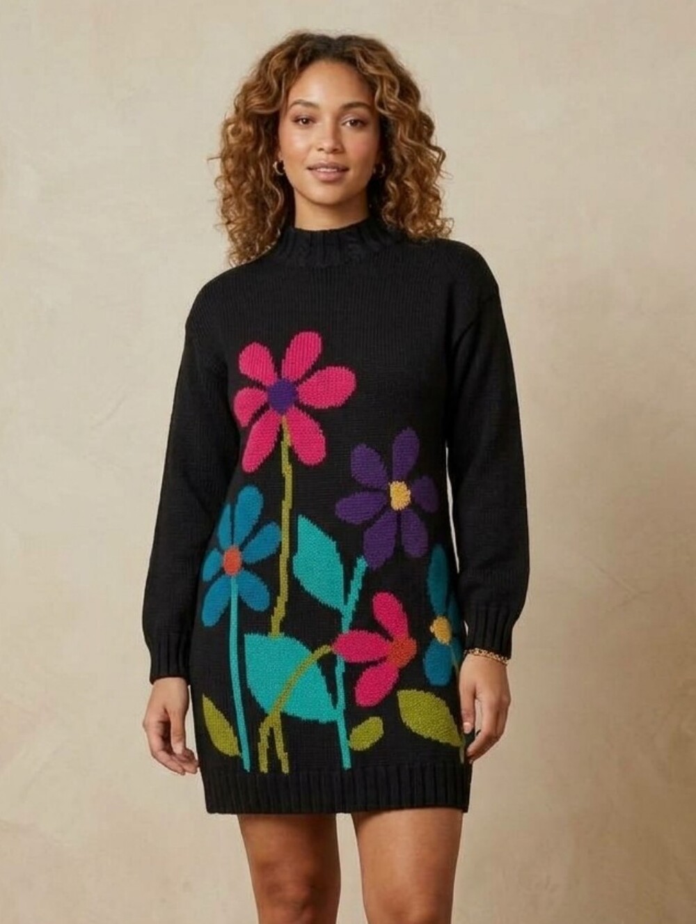 Principles Vintage Black Floral Knit Sweater Dress Mock Neck Artsy Grandmacore L